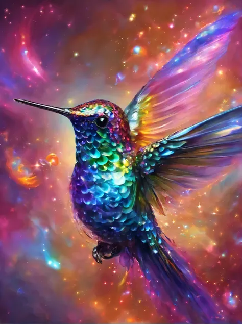 A hummingbird with iridescent feathers,Their colors are not of this world,Glittering like stardust. The bird flies through a space of flowing liquid metal and floating crystals,Each beat of the wings causes subtle ripples in space,Create hyper-realistic vi...