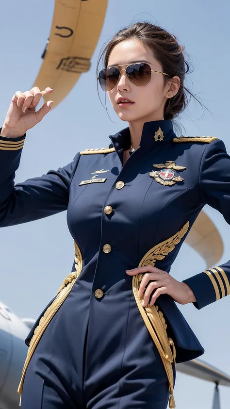 Pilot:
She is decked in a sharply tailored, navy-blue aviation jumpsuit that fits like a second skin. Golden insignias and patches adorn her sleeves, showcasing a history of flights and expertise. A pair of aviator sunglasses perches confidently on her nos...