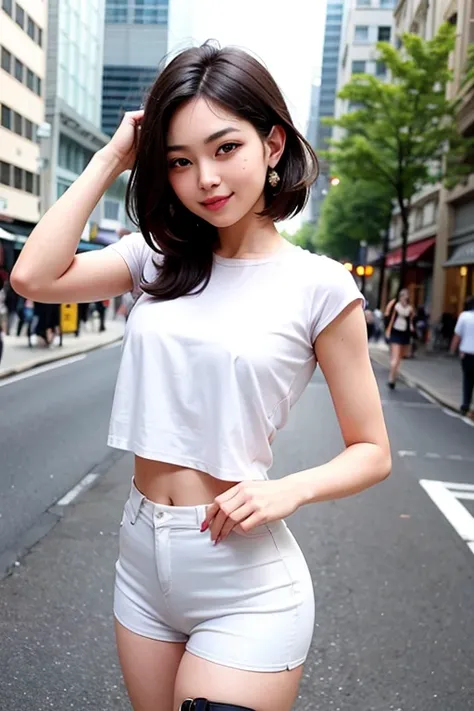 A beautiful woman wearing a short t-shirt stands confidently in the middle of the bustling street, her presence commanding attention. Her hair falls effortlessly around her shoulders, framing a captivating smile. With an air of elegance, she exudes charm a...