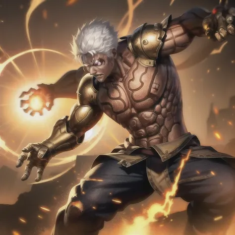 ((masterpiece, best quality)),(complex light),alone,alone focus,1 boy,Asura, white hair, glowing eyes, furious, Golden arm, Simple background, fighting stance, Destroyed debris background