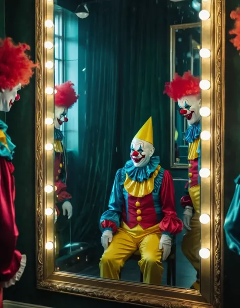 4k quality, a room full of mirrors, a clown with a sad mask, you can see his reflection in all the mirrors, vivid colors, very detailed