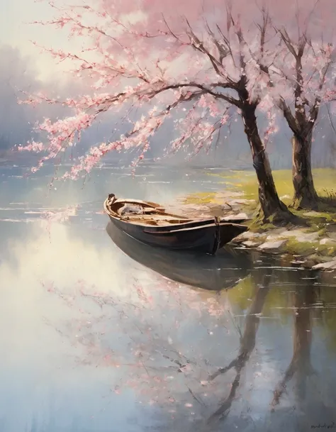 As a prodigious master of contemporary art, I envisage an exquisite portrayal of the theme "reflection" set along the banks of a tranquil river. Imagine this: a picturesque scene where cherry blossoms bloom abundantly along the rivers edge, their delicate ...