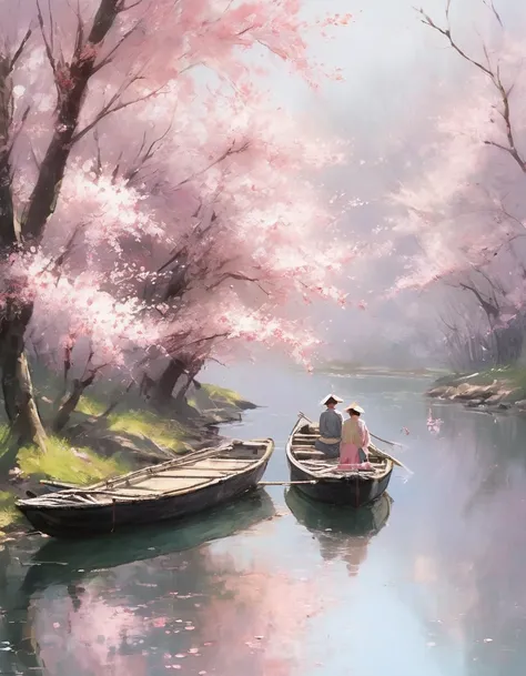 As a prodigious master of contemporary art, I envisage an exquisite portrayal of the theme "reflection" set along the banks of a tranquil river. Imagine this: a picturesque scene where cherry blossoms bloom abundantly along the rivers edge, their delicate ...