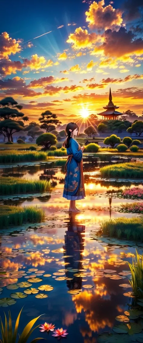 Girl standing by the pond on the grass at sunset, under the beautiful sunset.The breeze blows Buddha.The reflection in the pond has faint ripples.Beautiful gorgeous sunset