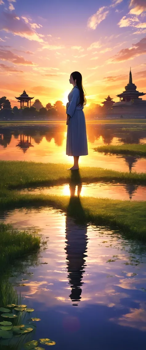 Girl standing by the pond on the grass at sunset, under the beautiful sunset.The breeze blows Buddha.The reflection in the pond has faint ripples.Beautiful gorgeous sunset