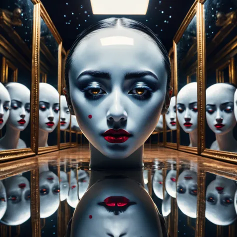 (best quality, 4k, high resolution: 1.2), a room full of mirrors, a sad moon pierrot, reflection in all the mirrors, bright colors, extremely detailed, contrast lighting, sharp focus, detailed facial expression