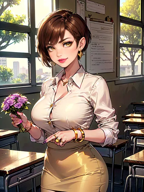 ((woman, very short hair, yellow eyes, brown hair, tomboy, ((choppy pixie)), big breasts, beige suit, beige pencil skirt, satin blouse, black blouse, five white, amethyst earrings, gold bracelet, wedding ring, pink lipstick, smug )), ((teacher, classroom b...