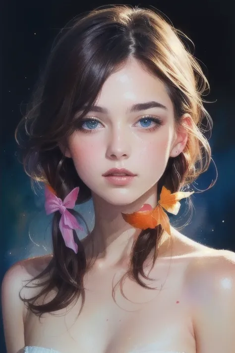 (8k, best quality, masterpiece:1.2),(best quality:1.0), (ultra highres:1.0), watercolor, a beautiful woman, shoulder, hair ribbons, by agnes cecile, half body portrait, extremely luminous bright design, pastel colors, (ink:1.3), autumn lights