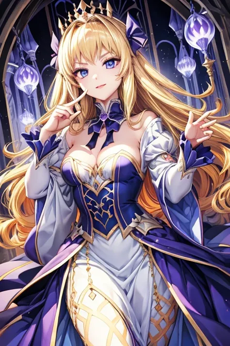 Evil Princess in royal clothes; blonde hair, purple blue eyes; index finger over the mouth asking for silence; an evil smile