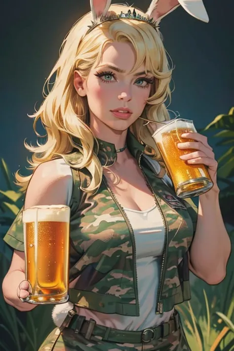 (best quality,8k,woman:1.2,blonde,lindo (beautiful),big eyelashes,looking at the viewer,rabbit ears tiara,lowcut,military camouflage vest,holding a beer can),ultra-detailed,realistic:1.37,portrait,striking colors,warm lighting