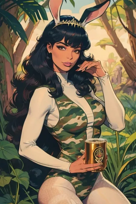 Melhor qualidade, 8k, mulher,black straighr hair, bangs,lindo,big eyelashes, looking to observer, little smile, rabbit ears tiara, decote,militar camouflage vest over beige nylon bodystocking, holding a beer can, florish forest scenario