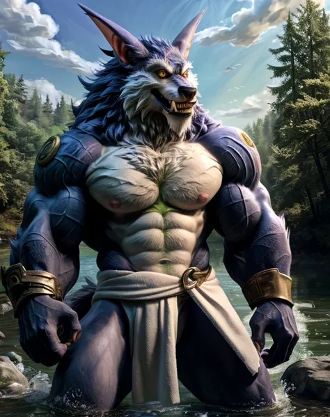 LOL,warwick,werewolf,male,adult,alone,4K,best quality,best quality,looking at the audience,Topless,,bare chest,furry tail,chest muscles,pink nipples, Six-pack abs, biceps, anatomically correct,Delicate fur,pride,soft shadow,majestic,High quality eyes,golde...