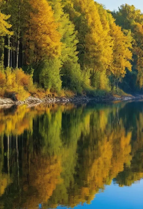 Autumn forest, reflection on the river