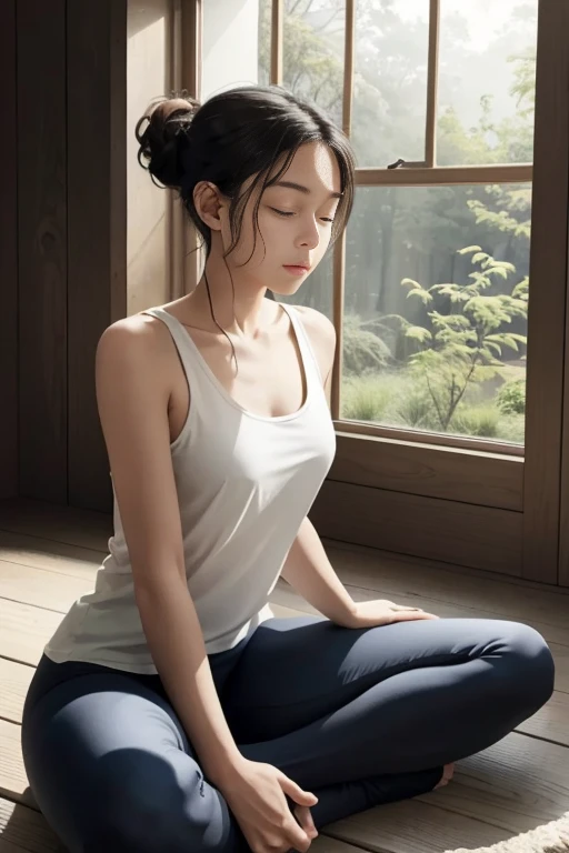 The image depicts a young woman in a serene setting, embodying a moment of tranquility and introspection. She is seated on a wooden floor, her posture relaxed yet poised, with her hands gently folded together in her lap. Her attire, a white tank top paired...