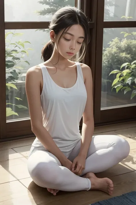 The image depicts a young woman in a serene setting, embodying a moment of tranquility and introspection. She is seated on a wooden floor, her posture relaxed yet poised, with her hands gently folded together in her lap. Her attire, a white tank top paired...