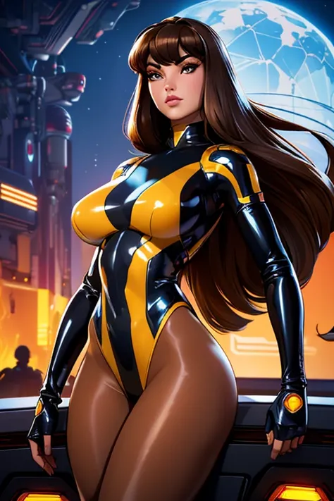 Best quality, 8K, woman retro super hero futurism, beautiful and detailed face, black straight long hair, bangs,big eyelashes,LOOKING TO observer,TRANSPARENt LATEX leotard, metalic details, LIGHT BROWN TAN pantyhose, sheer gloves,sci-fi RETRO SPACESHIP sce...