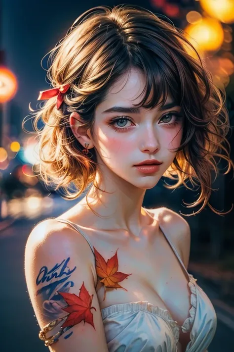 (8k, best quality, masterpiece:1.2),(best quality:1.0), (ultra highres:1.0), watercolor, a beautiful woman, shoulder, hair ribbons, by agnes cecile, half body portrait, extremely luminous bright design, pastel colors, (ink:1.3), autumn lights