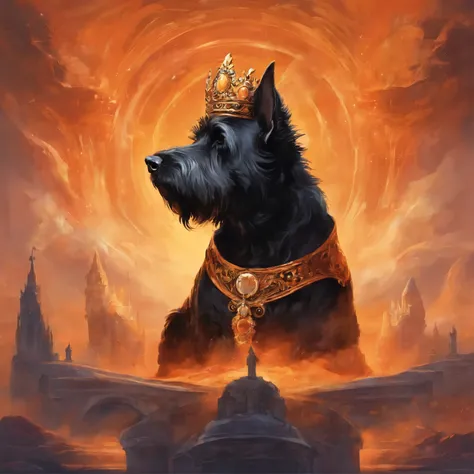 A black Scottish terrier with orange sunglasses is on the kings throne, All the dogs are applauding.