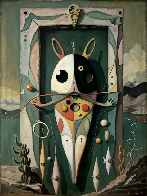 A fish, by Alexander Calder, oil painting, Klimt and Kandinsky, muted pastel color palette.