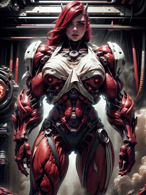 Cinematic, clear facial features and insanely detailed, it captures the essence of a super muscular red skinless succubus with gigantic demon horns, carnage skinless muscular physique & long red hair. The color grading is beautifully done, enhancing the ov...