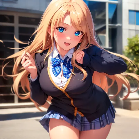 ((masterpiece, best quality, highres, UHD, perfect pixel, depth of field, 4k, RTX, HDR)), 1girl, single, solo, beautiful anime girl, beautiful artstyle, anime character, ((long hair, parted bangs, brown hair with blonde highlights)), (blue:1.4, rounded eye...