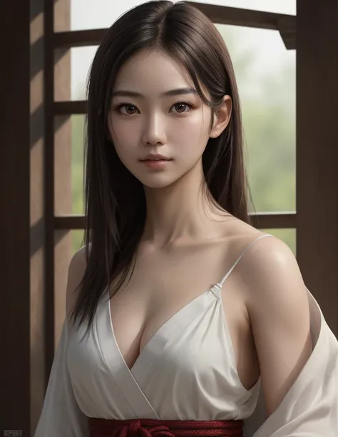 masterpiece, highest quality, Photoreal, Super detailed, finely, High resolution, 8k wallpaper, Professional, Advanced level of detail, 1 girl, thin japanese woman, ((facing the front)), Upper body,detailed clavicle, perfect face, straight hair, (look stra...