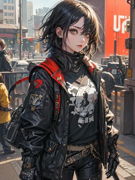 masterpiece, one girl with black short messy hair, punk style, big honey eyes, highly detailed face and eyes, troubled face, Namida Bokuro,8K, Ultra HD  