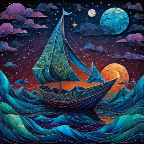 (best quality, highres, ultra sharp), magical  reflections on the water, moon, clouds, small ship, about the curvature of space time, origami sea, zentangle lines, art decostyle ship, full colored, 3d crunch, dark tones,