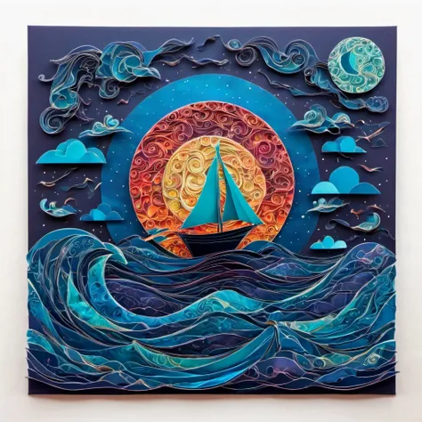 (best quality, highres, ultra sharp), magical  reflections on the water, moon, clouds, small ship, about the curvature of space time, origami sea, zentangle lines, art decostyle ship, full colored, 3d crunch, dark tones,