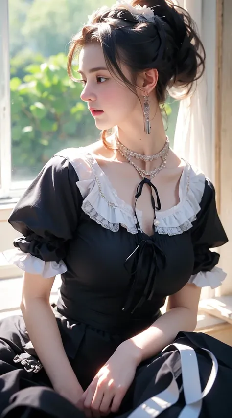 high quality photos, masterpiece, ultra high definition, (realistically: 1.4), Realistic style，original photo, 1 girl, british maid, Ruffled Maid Katyusha, ponytail, Braided hair, ruffled translucent shirt, ribbon tie, apron, mini skirt, puff sleeves, whit...