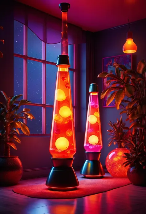 retro:1.5, lava lamps bright and beautiful:1.5, unreal engine:1.4,32k ultra realistic cg, photorealistic:1.4, night:1.4.