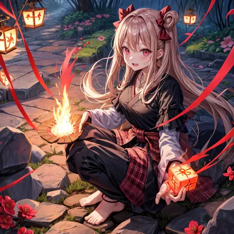 pink black blonde、red eyes、one good looking girl、solo、anime、plaid mini skirt、black camisole、black t-shirt、kimono、wearing a ribbon、ribbon at waist、stone slabs are piled up、crystal earrings、jewelry necklace、Light and shadow、clock、universe、vine plant、petal、ti...