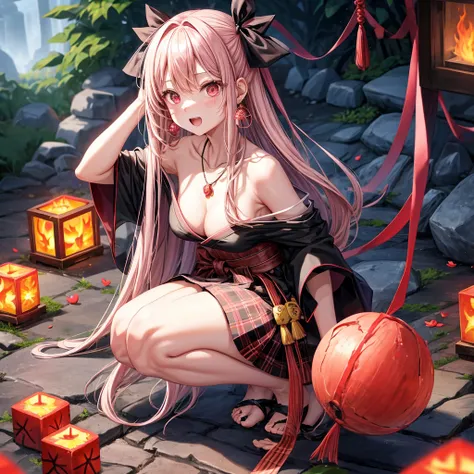 pink black blonde、red eyes、one good looking girl、solo、anime、plaid mini skirt、black camisole、black t-shirt、kimono、wearing a ribbon、ribbon at waist、stone slabs are piled up、crystal earrings、jewelry necklace、Light and shadow、clock、universe、vine plant、petal、ti...