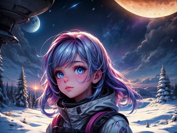 A girl looking up at a UFO, which emits a mysterious seven-colored light, snowy landscape, moon