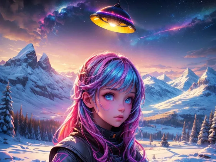 A girl looking up at a multicolored glowing UFO, snowy landscape, mountains, lake, illustrations, (best quality, 4k, highres, HDR, masterpiece:1.2), ultra-detailed, (realistic:1.37), portraits, vivid colors, studio lighting, vibrant colors, soft and warm l...