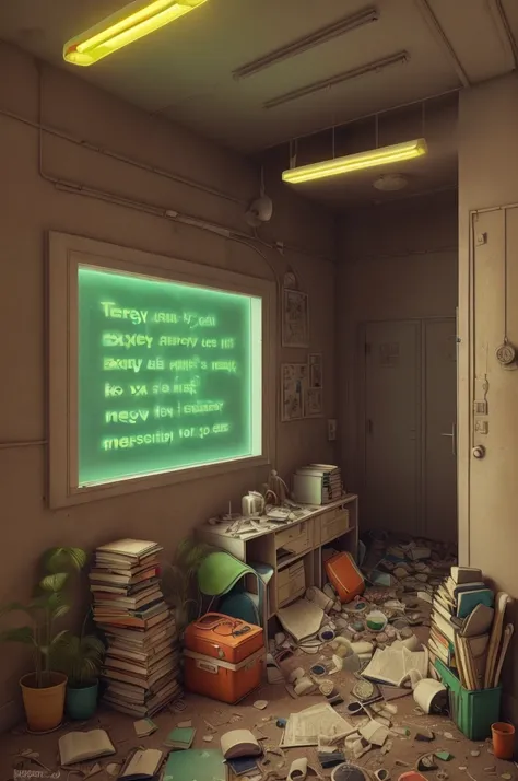 ((messy teenagers rooms: 1.4)), at night: 1.3, computer on, books thrown on the floor, clothes thrown away: 1.3, ((neon lights: 1.5 text, emergency exit: 1.4)), luminous object with neon, ((Imaginative scene)), (( very detailed: 1.4), (( Masterpiece )), ( ...