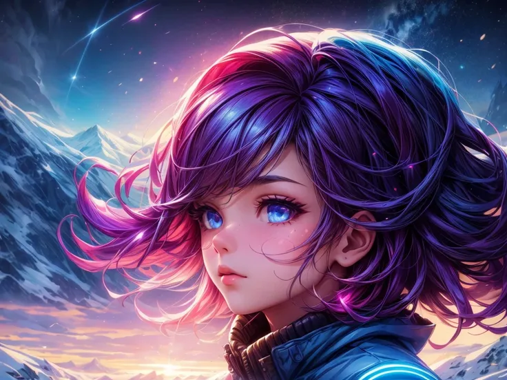 A girl looking up at a multicolored glowing UFO, snowy landscape, mountains, lake, illustrations, (best quality, 4k, highres, HDR, masterpiece:1.2), ultra-detailed, (realistic:1.37), portraits, vivid colors, studio lighting, vibrant colors, soft and warm l...