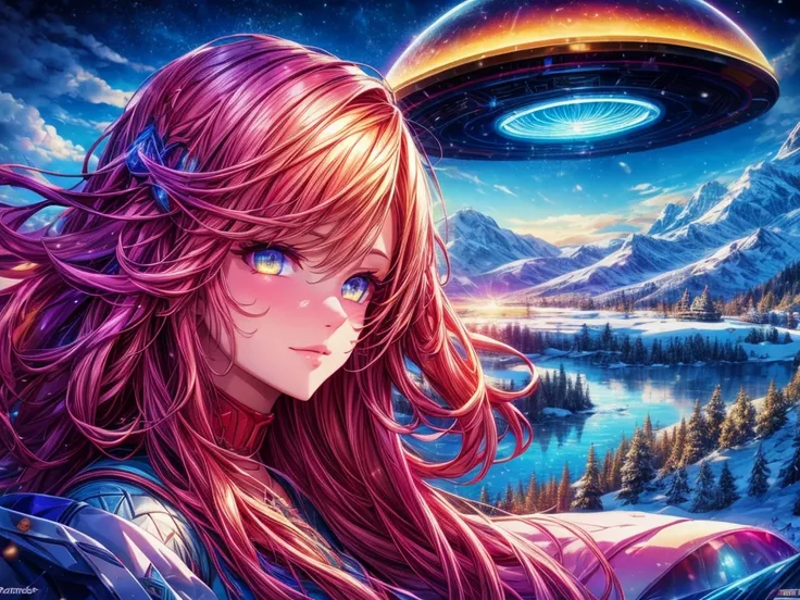 a girl looking up at a multicolored glowing ufo, snowy landscape, mountains, lake, illustrations, (best quality, 4k, highres, hd...