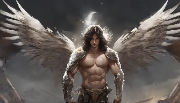 archangel michael、male、Angel big wings、Brown shoulder-length hair、upper body naked、muscular、armor、good looking