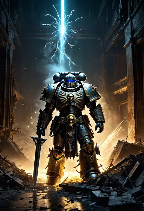 (best quality,ultra-detailed,realistic,highres,masterpiece:1.2),chaos space marine in warhammer 40k, [broken](colorful:0.9), holy reliquary, [reaching for](determined:1.1) the [Luminous chain sword](glowing:1.1), [solely lit](dimly lit:0.9) by the [swords ...