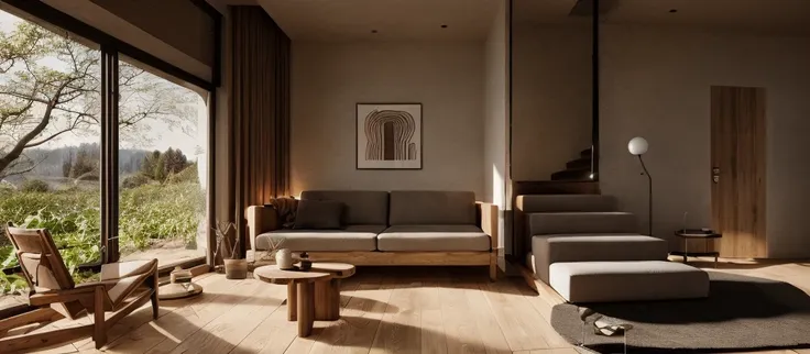 wabi sabi living room interior, large glass window, garden outside, stair , couch, rough-hewn wood coffee table, sunrise morning...