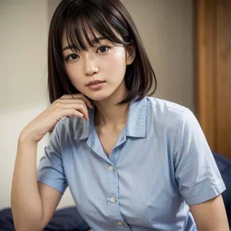 japanese woman、30 years old、Bedroom、photorealistic、shortcut、cutter shirt