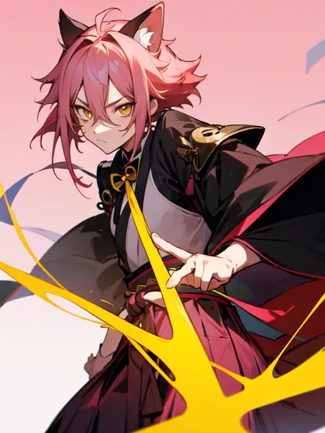 masterpiece, best quality, highres, anime, male, 1man, pink hair, black hakama, yellow eyes, lanlingwang, neutral face, simple b...