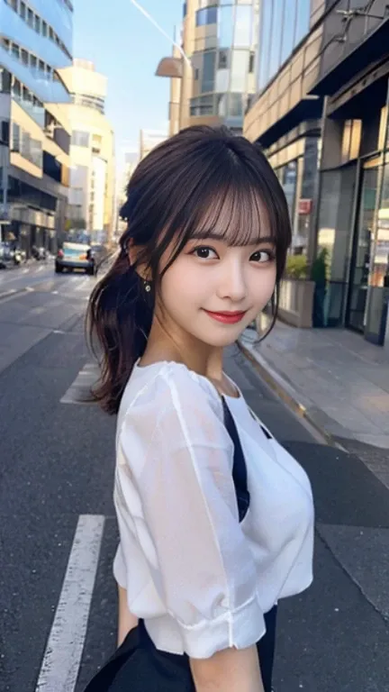 (highest quality,masterpiece:1.3,ultra high resolution),(Super detailed,caustics,8K),(realistic:1.4,RAW shooting),1 girl,(smile and look down at the camera),(front shot:1.1),(look forward),18-year-old,cute,Japanese,Black short ponytail,,glamorous,(small ti...