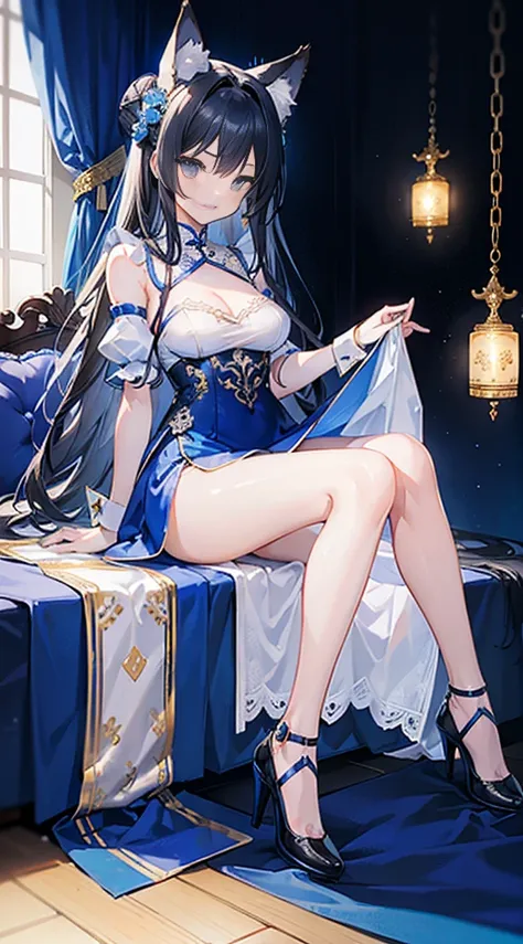 masterpiece, top quality, 1 girl,fox ears，white cloth buns, handcuffs，collar，extremely detailed faces,Legs wearing white lace, blue cheongsam, blue dress, A little cleavage, Shoulder, High heel, black hair, Smile, Embroidered dress, sitting on bed