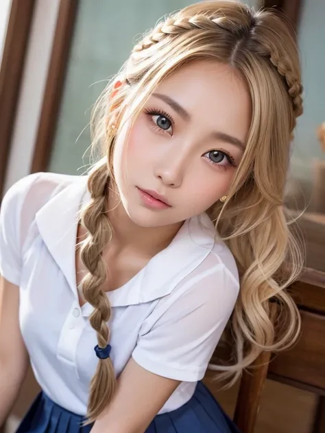 (table top:1.4, Photoreal:1.4, 8K), highest quality, masterpiece, ultra high resolution, perfect dynamic composition, big face、round face、((platinum blonde hair:1.0、long curly hair, Braid))、Highly detailed skin and facial textures:1.3, Detail of limbs, 1 g...