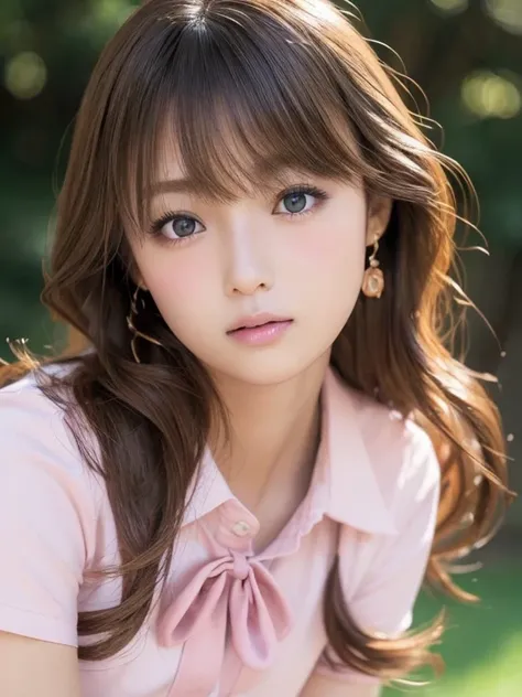 (Photoreal:1.4, 8K), highest quality, masterpiece, ultra high resolution, perfect dynamic composition, big face、round face、((light brown hair:1.4、long hair, curly hair))、Highly detailed skin and facial textures:1.3, Detail of limbs, 1 girl, Cute sexy 22 ye...