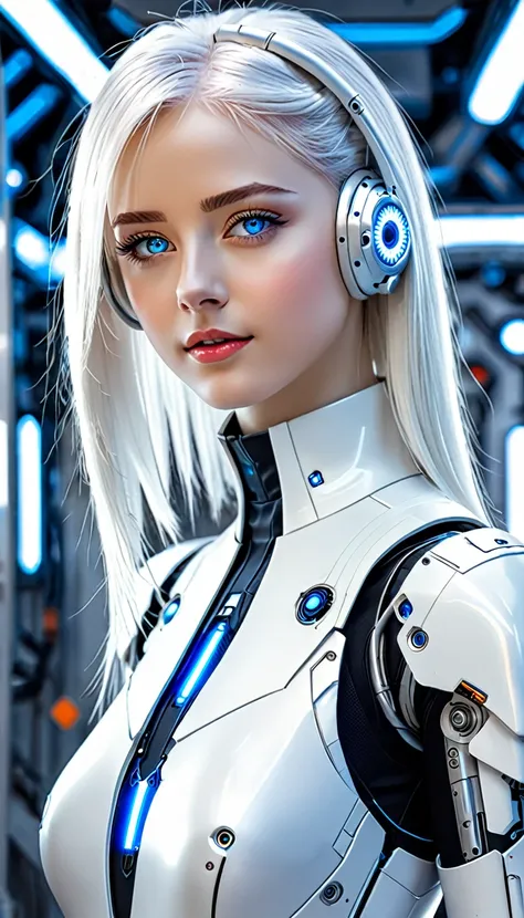 a woman in a white suit with blue eyes and a white hair, perfect android girl, portrait anime space cadet girl, beautiful female android, beautiful female android!, beutiful white girl cyborg, beautiful android woman, portrait of a female android, cyborg -...