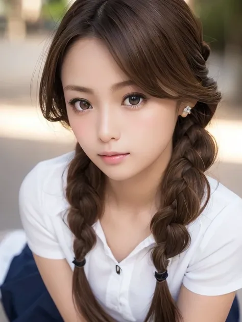 (Photoreal:1.4, 8K), highest quality, masterpiece, ultra high resolution, perfect dynamic composition, big face、round face、((light brown hair:1.4、long hair, Braid))、Highly detailed skin and facial textures:1.3, Detail of limbs, 1 girl, Cute sexy 22 year ol...