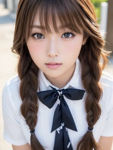 (Photoreal:1.4, 8K), highest quality, masterpiece, ultra high resolution, perfect dynamic composition, big face、round face、((light brown hair:1.4、long hair, Braid))、Highly detailed skin and facial textures:1.3, Detail of limbs, 1 girl, Cute sexy 22 year ol...